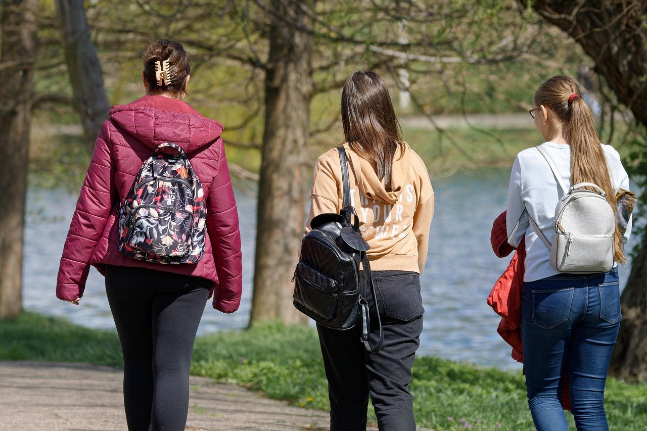 women, walking, park, students, outdoors, people, backpacks, lakeside, riverside